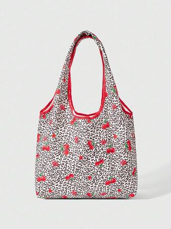 Grunge Punk 1 pezzo Borsa a spalla grande e portatile da donna con stampa leopardata e fiori di ciliegio