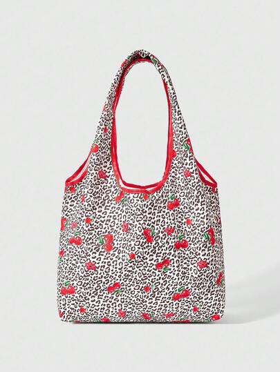 Grunge Punk 1pc Leopard Print & Cherry Blossom Pattern Fashion Portable Large Capacity Tote Shoulder Bag For Women