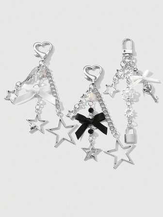 Kawaii 1pc Y2K Minimalist Fashionable Delicate High-Quality Silver Chain Resin Faux Pearl Faux Crystal Round Bead Hollow Wing Sunflower Ribbon Bow Heart Lock Hollow Star Pendant Decor DIY Keychain Bag Charm, Suitable For Sisters, Best Friends, Couples, Women, Daily Wear, Holiday Gift