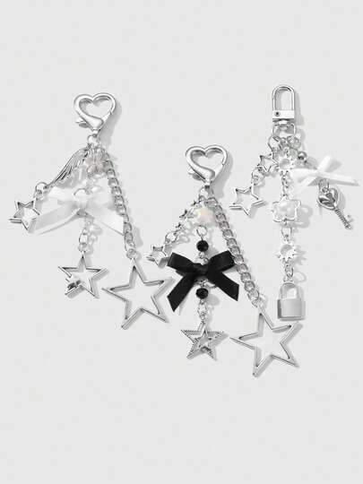 Kawaii 1pc Y2K Minimalist Fashionable Delicate High-Quality Silver Chain Resin Faux Pearl Faux Crystal Round Bead Hollow Wing Sunflower Ribbon Bow Heart Lock Hollow Star Pendant Decor DIY Keychain Bag Charm, Suitable For Sisters, Best Friends, Couples, Women, Daily Wear, Holiday Gift