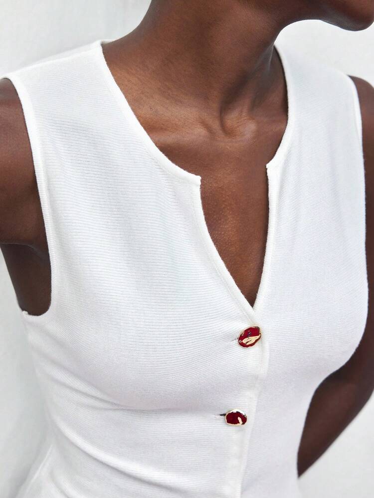 SHEIN Maija Women's Casual Solid Color Front Button Closure Sleeveless Knit Top Elegant Women's Blouses White