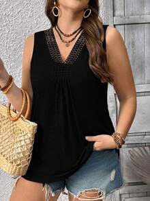 EMERY ROSE Plus Size Women Solid Color Casual V-Neck Lace Patchwork Sleeveless Knit Tank Top - Black - View 1