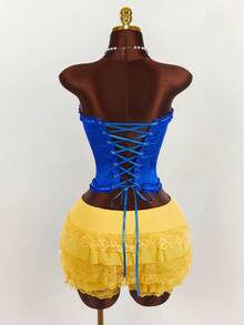 Amplova Bộ 2 món áo crop top cạp chun kim loại và quần short ren lưới mini cho nữ - Nhiều màu - Xem 8