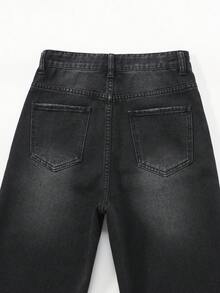 SHEIN Sparklyn 复古学院风街头时尚宽松松紧腰猫须五口袋阔腿牛仔裤，适合少女穿着，百搭时尚，全年必备牛仔单品 - 黑色 - 查看 5