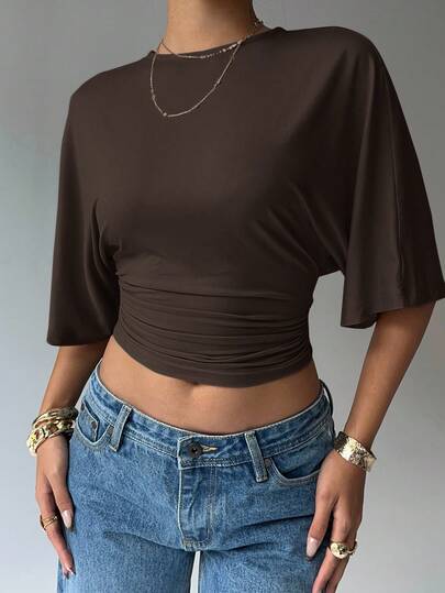 Aloruh Lässiges einfarbiges Fledermausärmel Crop Top, Sommer