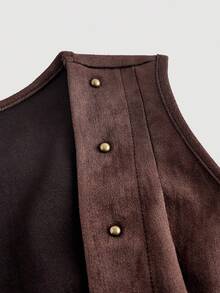 SHEIN MOD 大码女式纯色无袖麂皮流苏下摆休闲外套，度假装，秋季，女装，锐舞节，演唱会，70年代复古风，文艺复兴风格，秋季外套，外出流苏背心西部风 - 棕色 - 查看 3