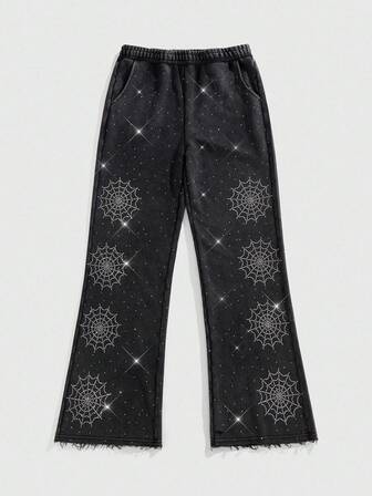 Goth Pantaloni della tuta larghi da uomo con strass e ragnatela, adatti per Ognissanti