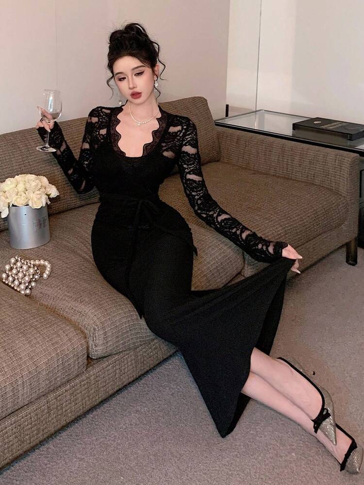 Women's Lace Long Sleeve Top And Mermaid Hem Fitted Dress Elegant 2 Pieces Set Fall/Winter