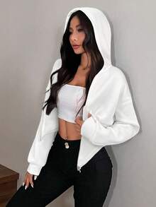 SHEIN EZwear Áo hoodie crop top hở vai màu trơn thời trang đường khâu xương cá có khóa kéo viền bất đối xứng cho nữ - trắng - Xem 4