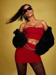 SHEIN Solid Crop Tube Top & Bodycon Skirt - Red - View 1
