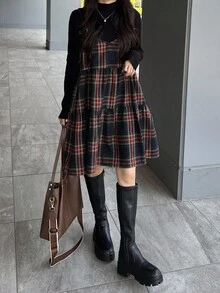 FRIFUL 女式格纹肩带蝴蝶结交叉 A 字形多层拼接休闲背心，秋季