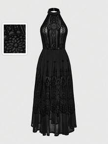 ROMWE Goth 复古哥特式城堡植绒图案立领连衣裙 - 黑色 - 查看 5