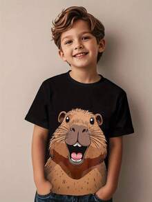 SHEIN 青少年男孩休闲时尚创意卡通水豚印花短袖 T 恤，基本款舒适款式 - 彩色 - 查看 3