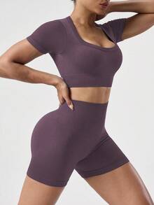 Easithlete 2pcs Set + Regular Fit + Moisture Wicking Fabric/Ribbed + Crew Neck/Basic/Navy Blue + Activewear Set + Seamless/Fitness/Yoga Yoga Shorts Set Seamless Workout Set Bike Shorts Set