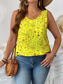 女式大码夏季满身花卉印花背心图案 T 恤女式上衣 - 彩色 - 查看 3