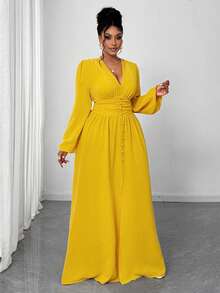 Maweii Váy quấn tay bồng màu trơn thanh lịch cỡ lớn cho nữ, thiết kế đa năng cho tiệc tùng, đi chơi, hẹn hò lãng mạn, tay dài đầu thu - Màu vàng - Xem 5