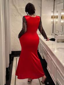 Flirla Vibekara Plus Size V-Neck Lace Sleeve Dress, Patchwork Fishtail Hem Fitted Long Dress, Fashionable Romantic Sexy Elegant Vintage Dress Suitable For Daily, Festivals, Parties, Events, Dates Fall Cloth For Women