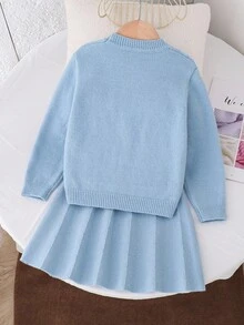 Souflis Souflis 2pcs Girls Sweater Set, Bow Decor Textured Knit Pullover And A-Line Skirt Fall Winter - Baby Blue - View 3