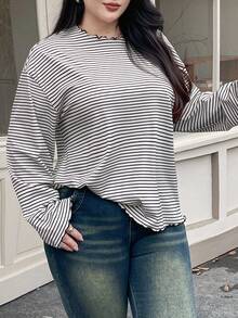 Dazy Plus Áo thun tay dài kẻ sọc đen trắng cỡ lớn, Xuân/Thu - Đen và trắng - Xem 4