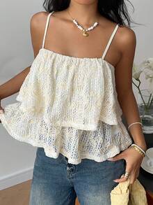 SHEIN Frenchy Women's Elegant Embroidered Lace Camisole,White Floral Double-Layered Ruffle Puffy Hem Top,Cream Summer Casual Vacation Top Suitable For All Seasons - Apricot - View 9