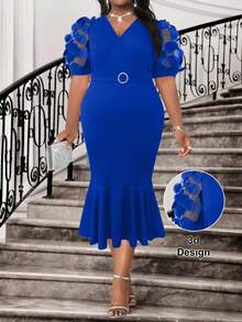 Hourglow 2025 New Spring And Summer Royal Blue Elegant Commuting Office Wedding Cocktail Party Concert/Music Festival Navy Blue Knitted Overlap Collar Mermaid Belted Midi Short Sleeve Plus Size Dresses Party Dress New Year Dress New Year Women New Year Women's Outfit Going Out Dress Going Out Outfits Going Out Outfit Elegant Dress For Women Elegant Dress Elegant Party Dresses, For Hourglass Body Shape - Royal Blue - View 4