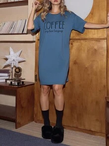 Slogan Graphic Drop Shoulder Pajama Nightdress - Teal Blue - View 3