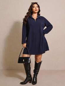 Elaquor Váy dài màu xanh navy tối giản, rộng rãi, có khóa kéo nửa thân dành cho nữ, mùa thu - Màu xanh lam - Xem 5