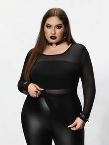 SHEIN CURVE+ 大码透视长袖上衣，万圣节，秋冬 - 黑色 - 查看 1