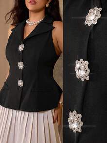 Flirla Blazer de mujer talla grande con cuello de solapa, sin mangas, de unicolor, con abertura frontal, decoración de diamantes falsos y cintura acampanada