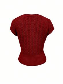 Chiquease New Vintage Hollow Out Design Women Solid Color Round Neck Short Sleeve Top With Front Buttons - Red - View 2
