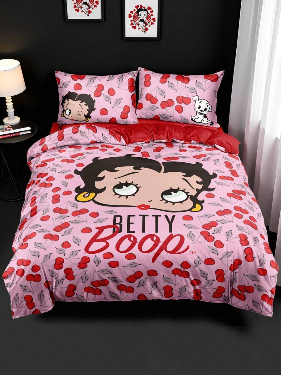 Betty Boop x SHEIN Bộ 3 món ga trải giường họa tiết quả anh đào và hình hoạt hình, chất liệu chải mịn, mềm mại và ấm áp, màu hồng, nhiều kích cỡ phù hợp với giường đơn/đôi/nữ hoàng/vua, họa tiết quả anh đào, ý tưởng quà tặng, thích hợp cho tiệc tùng, ngày lễ, Ngày Valentine. - Hồng - Xem 1
