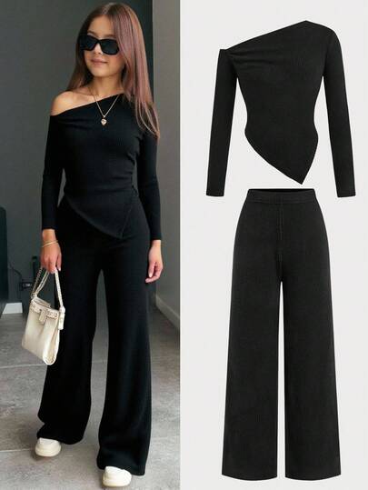 SHEIN 2pcs Tween Girls Casual Knit Asymmetric Collar T-Shirt And Wide Leg Pants Set, Suitable For Autumn/Winter, Daily Casual Wear Fall