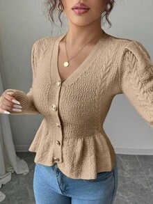Elenzga 女士优雅荷叶边 V 领修身针织开衫，适合秋冬季度假穿着 - 卡其色 - 查看 4