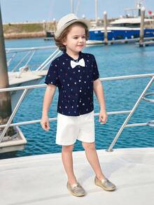 Joliand Joliand 2pcs/Set Young Girl Elegant Urban Sailor Lighthouse Print Navy Polo Collar Short Sleeve Shirt & White Shorts Outfit, Suitable For Casual Daily, Traveling, Beach Youth Boys Shirt Young Boys Matching Sets Young Boys Suit Set Youth Boy Tshirt Young Boys 2 Pieces Boys Nautical Outfit Boys Summer Outfit Boys Preppy Outfit Kids Cruise Outfits Boys Boys Anchor Shirt - Multicolor - View 4