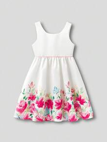 SHEIN 1pc Tween Girls Elegant Pink Rose And Butterfly Pattern Sleeveless Dress, Suitable For Wedding, Party, Outdoor, Picnic, Summer - Multicolor - View 6