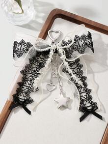 ROMWE Kawaii 1 件 Y2K 风格手工串珠钥匙扣，配人造珍珠、黑白蕾丝蝴蝶结、心形、星形吊坠装饰，复古哥特式时尚配饰，适合女士、女孩日常穿着、节日礼物、万圣节 - 多色-23 - 查看 4