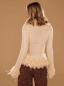 SHEIN BAE Áo khoác cardigan tua rua tay loe màu trơn dành cho nữ - Màu be - Xem 3