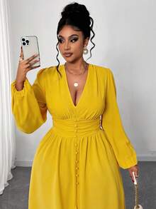 Maweii Váy quấn tay bồng màu trơn thanh lịch cỡ lớn cho nữ, thiết kế đa năng cho tiệc tùng, đi chơi, hẹn hò lãng mạn, tay dài đầu thu - Màu vàng - Xem 3