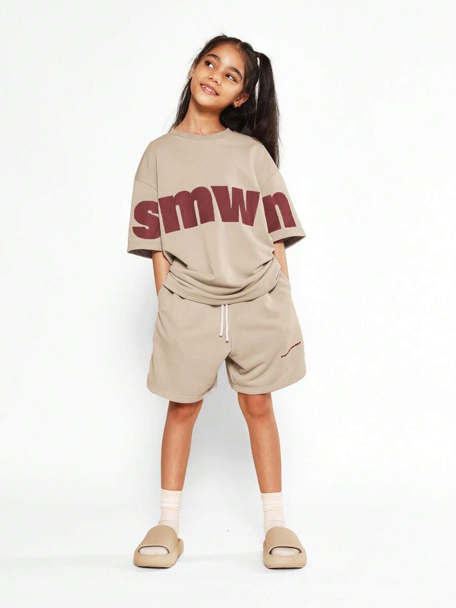 SUMWON Oversized Tween Girls Logo Printed T Shirt Shorts Wear Co Ord Streetwear Casual Weekend Holiday Athleisure Sporty Spring Summer Outfit - Khaki - View 1