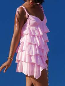 Yess Loren 夏季海边度假纯色浅粉色节日连衣裙荷叶边雪纺蛋糕裙吊带裙音乐节服装乡村音乐节服装演唱会服装返校服装婚礼伴娘服装 - 淺粉色 - 查看 3