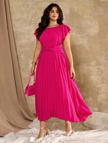 Roveilla Plus Size Women Pleated Dress With Ruffle Sleeves, Short Sleeve, Waist Tie, Chiffon Dress, Suitable For Dates, Commuting, Valentine's Day Fuchsia Dress Pink Dress Pleated Dresses For Women Pink Pleated Dress