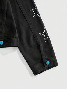 ROMWE MEN Street Life 男士宽松水钻装饰牛仔夹克 - 黑色 - 查看 4