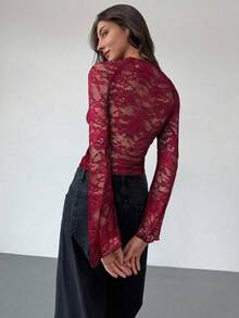 Aloruh Black Lace Music Festival Sheer Sexy Deep V Neck Long Sleeve Blouse For Women,Red Top - Burgundy - View 2