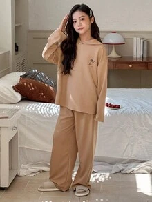 DAZY Tween Girl Coconut Tree Print Hoodie Top And Pants Pajama Set - Army Green - View 2