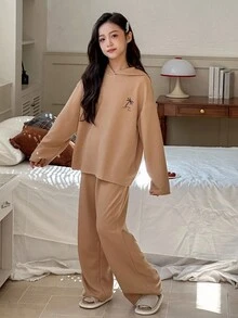 DAZY Tween Girl Coconut Tree Print Hoodie Top And Pants Pajama Set - Army Green - View 3