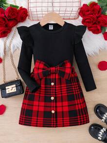SHEIN Girl 2Pcs Velvet Square Neck Gigot Sleeve Tee Top & Bow Detail Plaid Print Asymmetrical Hem Skirt Outfits,Autumn Birthday Cute Casual Preppy For Kids - Black - View 2