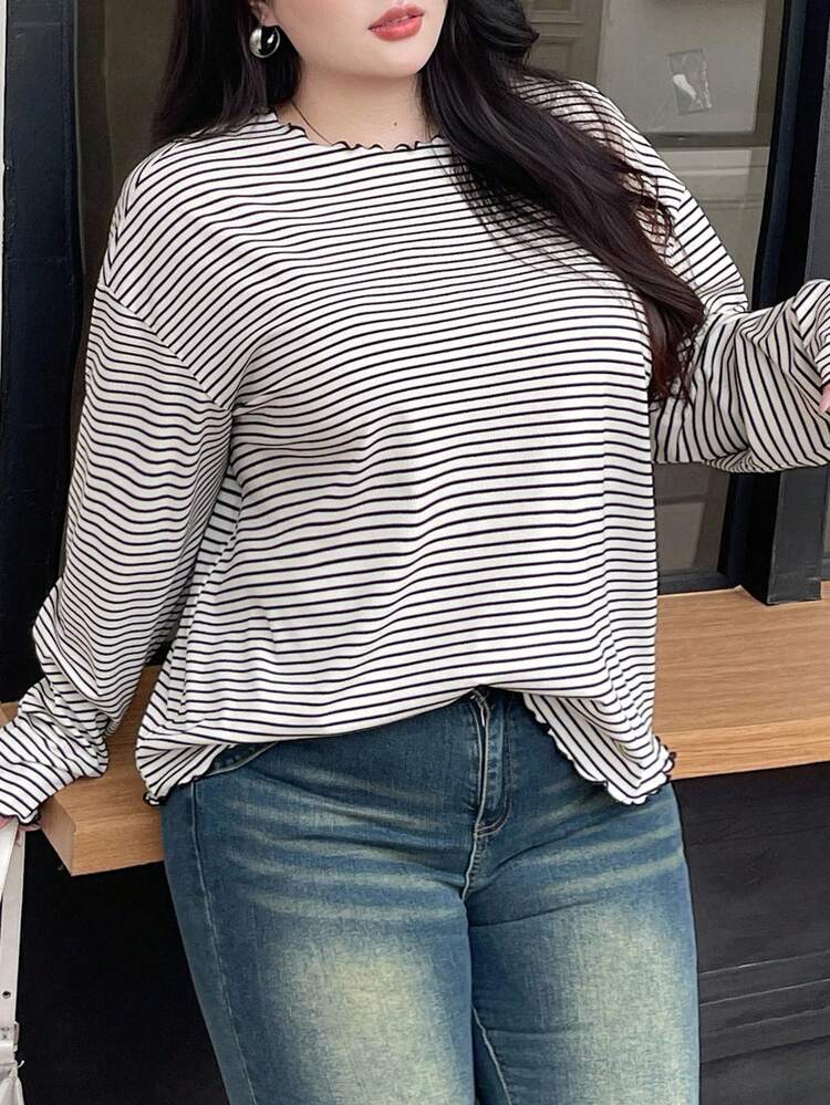 Dazy Plus Oversized Striped Long Sleeve Black & White T-Shirt, Spring/Autumn