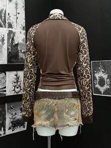 EgrlEra Women's Fashionable Punk Style Retro Printed Jacket Fall Winter Cloth For Women - Coffee Brown - View 2