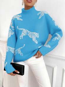 EMERY ROSE Women Animal Print Turtleneck Long Sleeve Knit Sweater