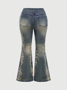 ROMWE Grunge Punk Blugi evazați cu imprimeu vintage spălat, mărime plus - Albastru - Vizualizare 2